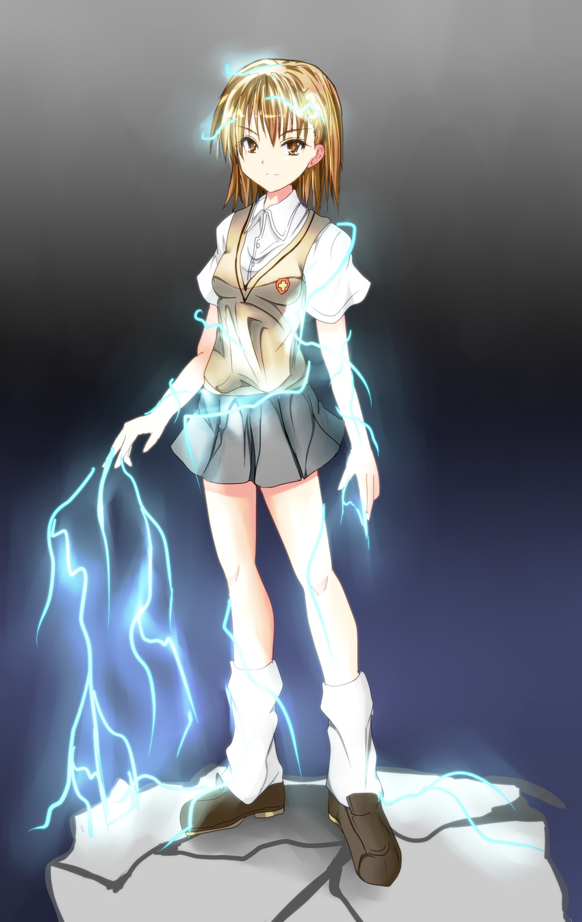 biribiri brown_eyes brown_hair electricity highres luna_(gunfire) misaka_mikoto school_uniform short_hair solo sweater_vest to_aru_kagaku_no_railgun to_aru_majutsu_no_index