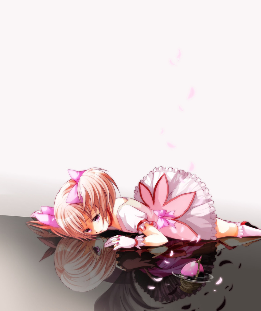 bad_id bad_pixiv_id dark_persona different_reflection gloves highres holding_hands iroha_(shiki) kaname_madoka kriemhild_gretchen lying mahou_shoujo_madoka_magica multiple_girls nail_polish on_stomach petals pink_hair reflection short_hair soul_gem tears twintails water white_gloves