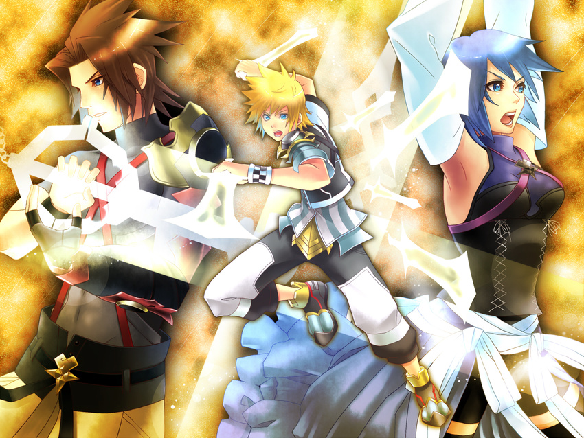 2boys aqua_(kingdom_hearts) banana_gyuunyuu black_legwear blonde_hair blue_eyes blue_hair brown_hair detached_sleeves hakama japanese_clothes keyblade kingdom_hearts kingdom_hearts_birth_by_sleep multiple_boys terra_(kingdom_hearts) thighhighs ventus wristband