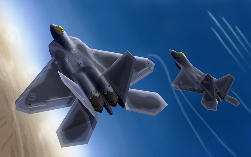 ace_combat_x aircraft airplane bad_id bad_pixiv_id commentary condensation_trail dutch_angle f-22_raptor fighter_jet flying highres jet military military_vehicle no_humans sky yae_nagi