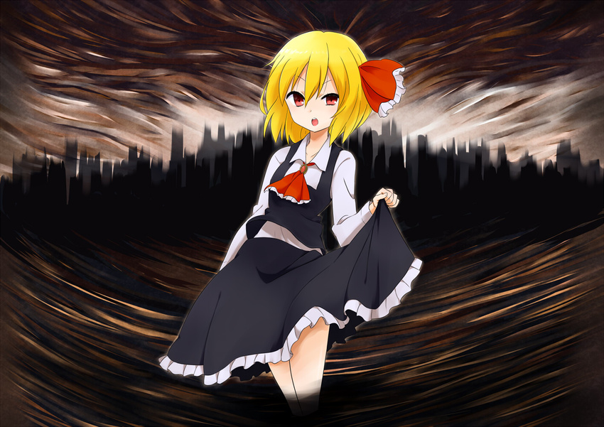 :o ascot bad_id bad_pixiv_id blonde_hair brooch city dress frills hair_ribbon jewelry open_mouth red_eyes ribbon rumia shuuhei_(shoohey) skirt skirt_lift solo touhou