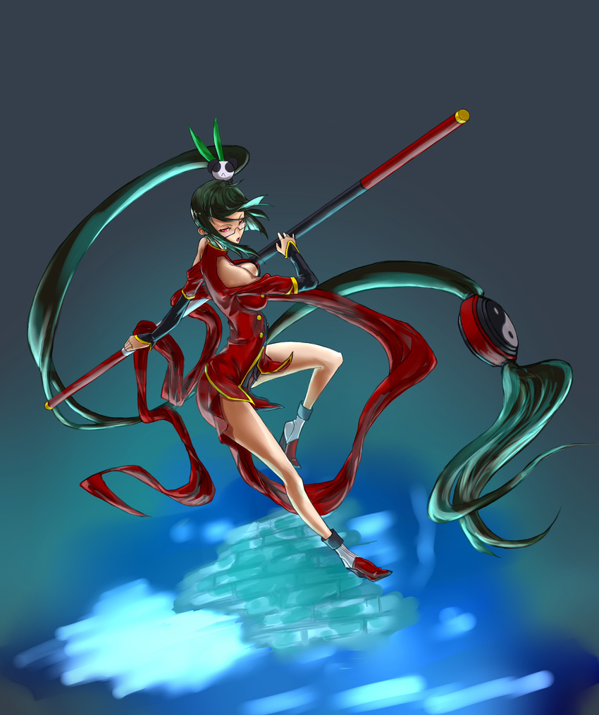 absurdres arc_system_works bare_shoulders black_hair blazblue blazblue:_calamity_trigger breasts china_dress chinadress chinese_clothes dress female full_body glasses gradient gradient_background highres lao_jiu litchi_faye_ling long_hair polearm ponytail red_eyes solo staff very_long_hair weapon zt
