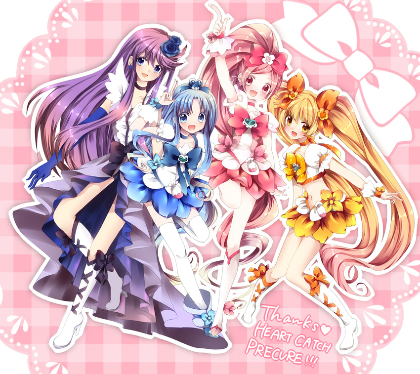 :d ahoge black_choker blonde_hair blue_choker blue_eyes blue_flower blue_hair blue_rose blue_skirt boots bow brooch choker copyright_name cure_blossom cure_marine cure_moonlight cure_sunshine dress earrings elbow_gloves flower full_body gloves hair_flower hair_ornament hairpin hanasaki_tsubomi happy heart heartcatch_precure! high_heels highres jewelry knee_boots kurumi_erika long_hair magical_girl midriff multiple_girls myoudouin_itsuki navel open_mouth orange_bow orange_choker orange_skirt pink_background pink_bow pink_choker pink_eyes pink_hair pink_skirt pointing ponytail precure purple_dress purple_hair ribbon rose shoes sidelocks single_elbow_glove single_glove skirt smile thighhighs tsukikage_yuri twintails uzuki_aki very_long_hair wrist_cuffs yellow_bow yellow_eyes zettai_ryouiki