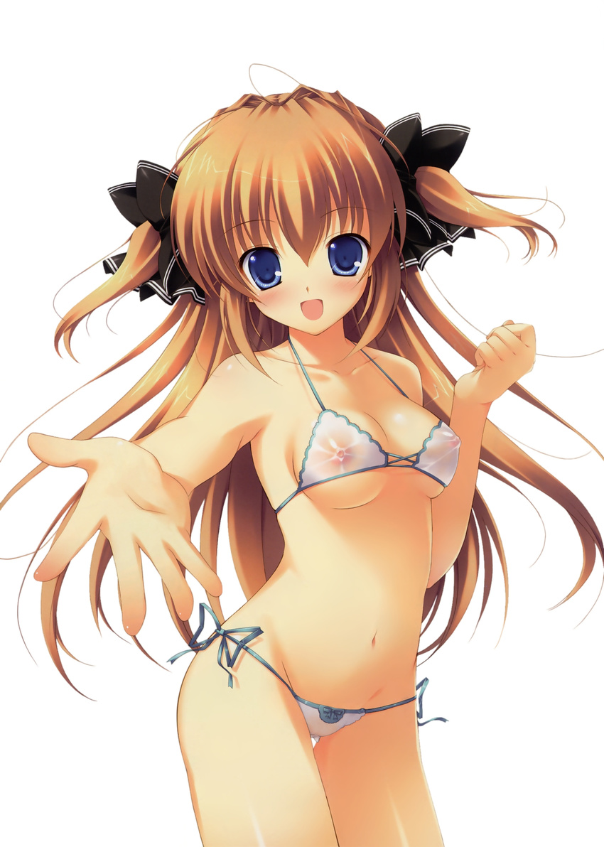 :d asuka_mirai bikini blue_eyes blush breasts brown_hair highres long_hair medium_breasts mikeou nanairo_kouro navel nipples open_mouth see-through side-tie_bikini smile solo swimsuit twintails