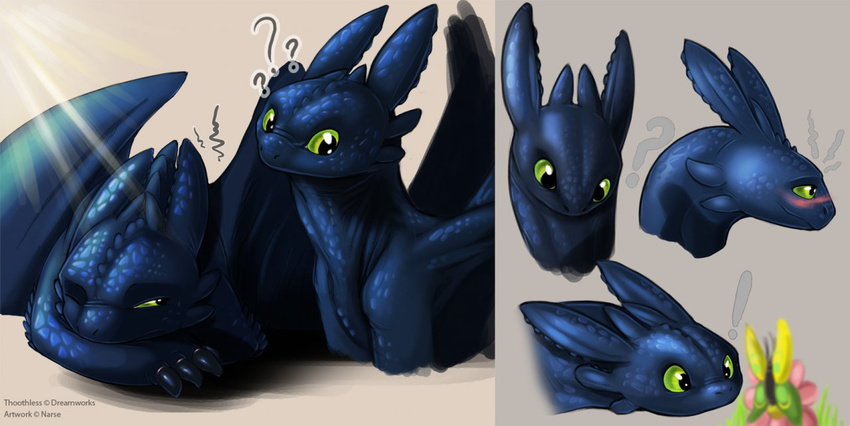 ? arthropod black blue_scales blush butterfly confusion cute doodle dragon embarrassed feral green green_eyes how_to_train_your_dragon insect model_sheet narse night_fury toothless wings