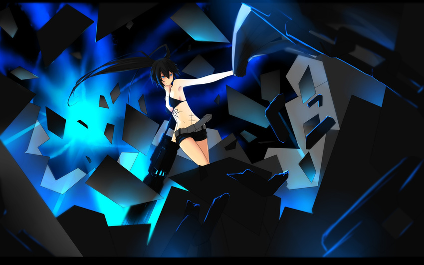 absurdres arm_cannon armpits bad_id bad_pixiv_id bare_shoulders belt bikini_top black_hair black_rock_shooter black_rock_shooter_(character) blue_eyes chain highres long_hair navel scar shorts solo tan_(carbon) twintails weapon