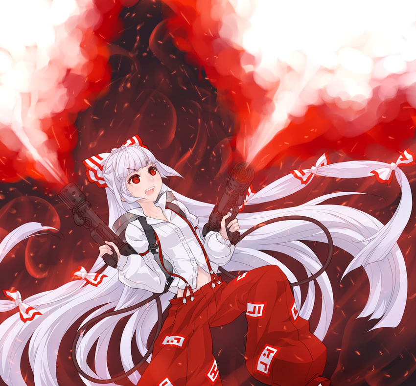 bow dual_wielding fire flamethrower fujiwara_no_mokou hair_bow holding kazuoki long_hair solo touhou weapon