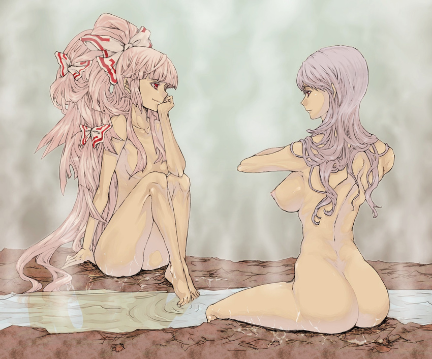 alternate_hairstyle ass back bad_id bad_pixiv_id bangs barefoot bathing blunt_bangs breasts chin_rest colored_eyelashes eyelashes feet from_behind fujiwara_no_mokou highres kamishirasawa_keine large_breasts legs long_hair multiple_girls nipples nude onsen poruhi red_eyes silver_hair sitting smile soaking_feet steam touhou very_long_hair water wet white_hair