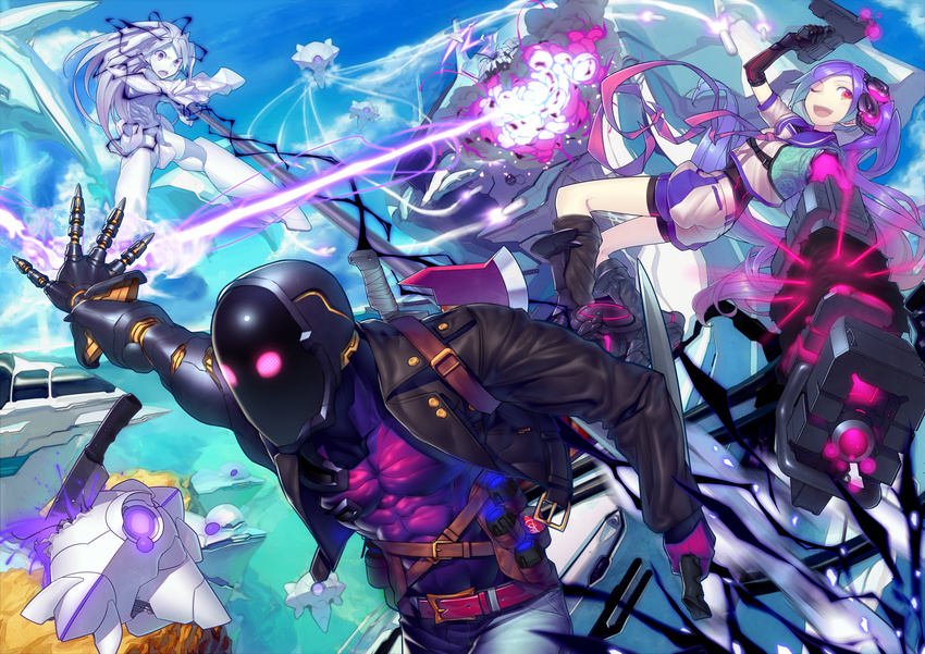 aircraft airship battle belt boots can cleaver cloud condensation_trail destruction explosion gloves glowing glowing_eyes gun highres huge_weapon knife mask mckeee mechanical_arm missile multiple_girls one_eye_closed open_mouth original purple_hair red_eyes shorts side_ponytail sky smile sword weapon