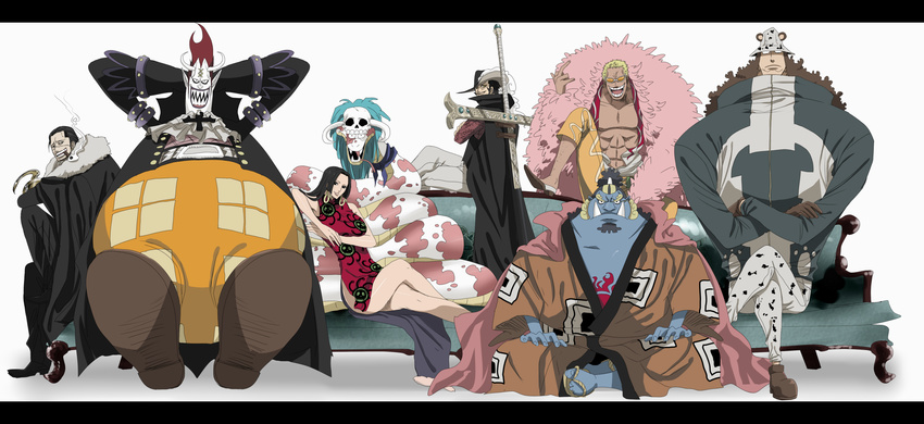 1girl 6+boys arms_behind_head bare_shoulders bartholomew_kuma black_hair blonde_hair blue_upholstery boa_hancock breasts brown_hair cigar couch donquixote_doflamingo dracule_mihawk earrings gecko_moria hands_behind_head highres hook jewelry jimbei large_breasts legs long_hair long_image looking_at_viewer mizinko500002415668 multiple_boys one_piece salome salome_(one_piece) scar shichibukai shitara_(kaimetsu_joutai) short_hair simple_background sir_crocodile sitting smile snake sunglasses sword weapon white_background wide_image