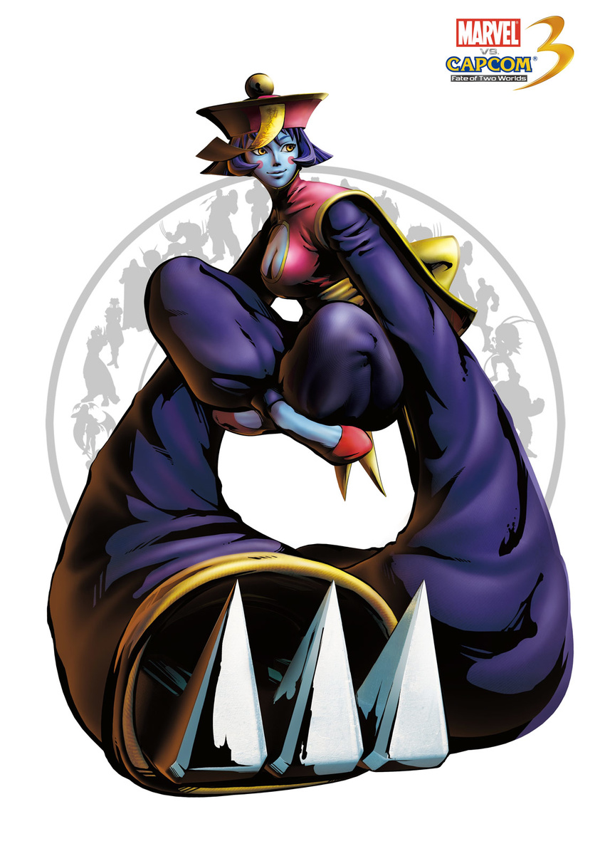 blue_skin blush_stickers breasts claws cleavage cleavage_cutout double_bun flipped_hair gun hair_ribbon handgun hat head_wings headband highres hood indian_style jiangshi knife large_breasts lei_lei low_wings marvel_vs._capcom marvel_vs._capcom_3 mori_toshiaki official_art ofuda purple_hair ribbon short_hair silhouette sitting sleeves_past_wrists smile solo vampire_(game) weapon wings yellow_eyes