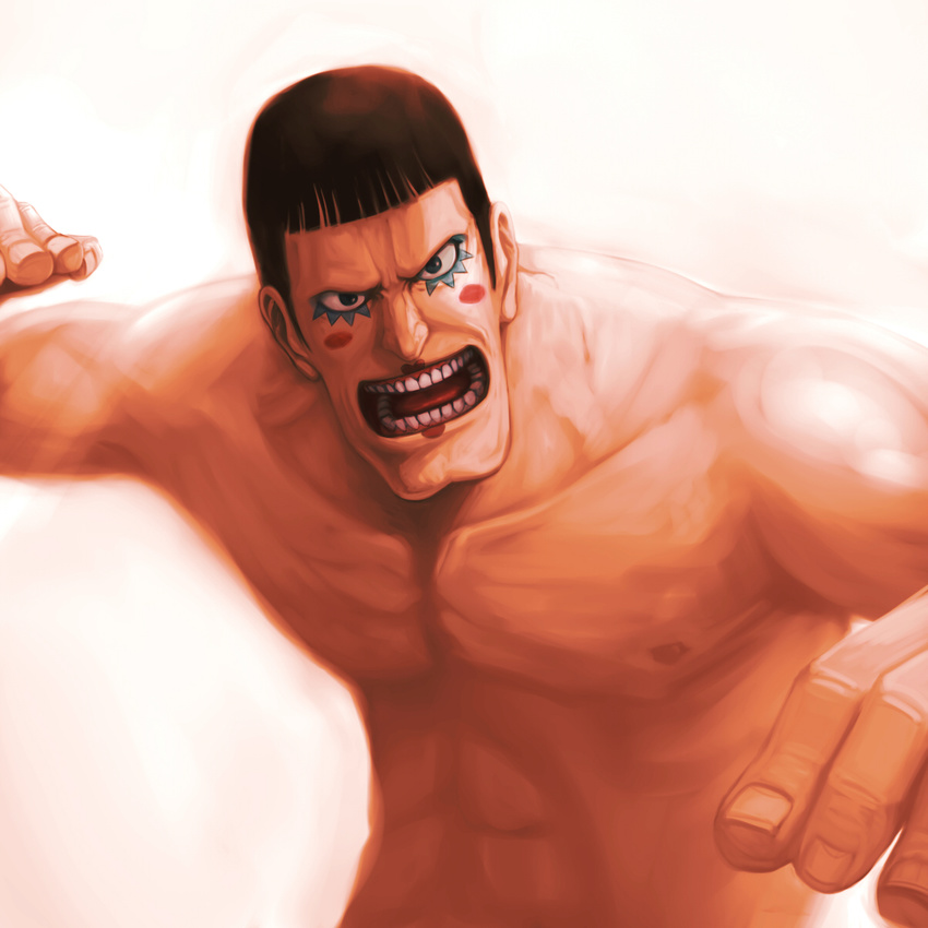 bad_id bad_pixiv_id bon_clay fighting_stance highres makeup male_focus meta_gun one_piece shirtless simple_background solo