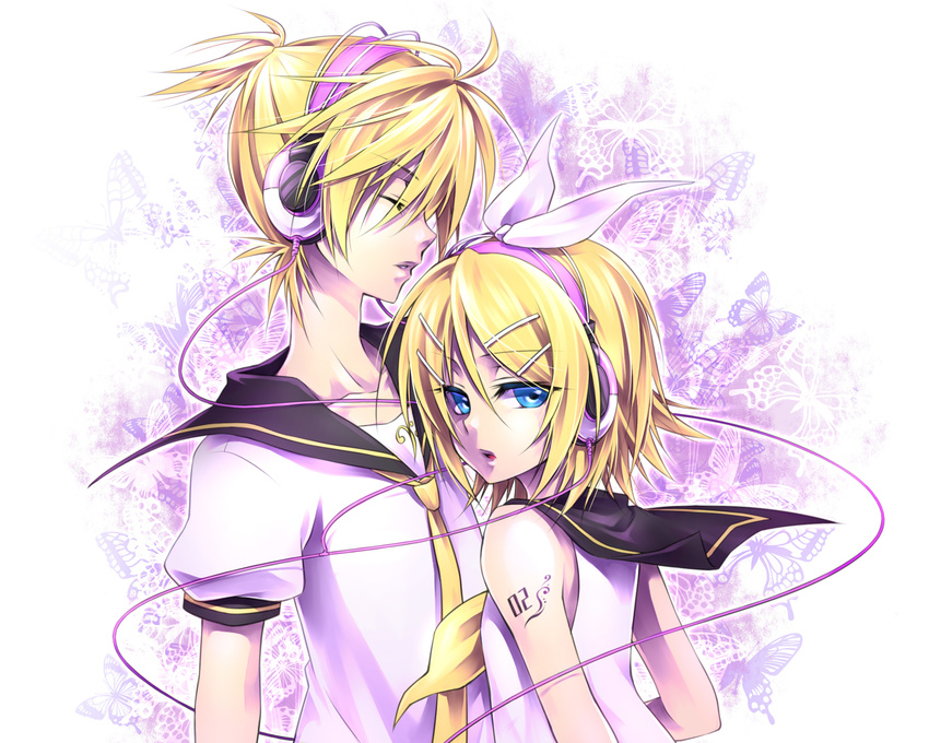 1girl bad_id bad_pixiv_id blonde_hair blue_eyes brother_and_sister closed_eyes hair_ornament hairclip headphones highres kagamine_len kagamine_rin open_mouth ribbon school_uniform siblings twins ueno_tsuki vocaloid