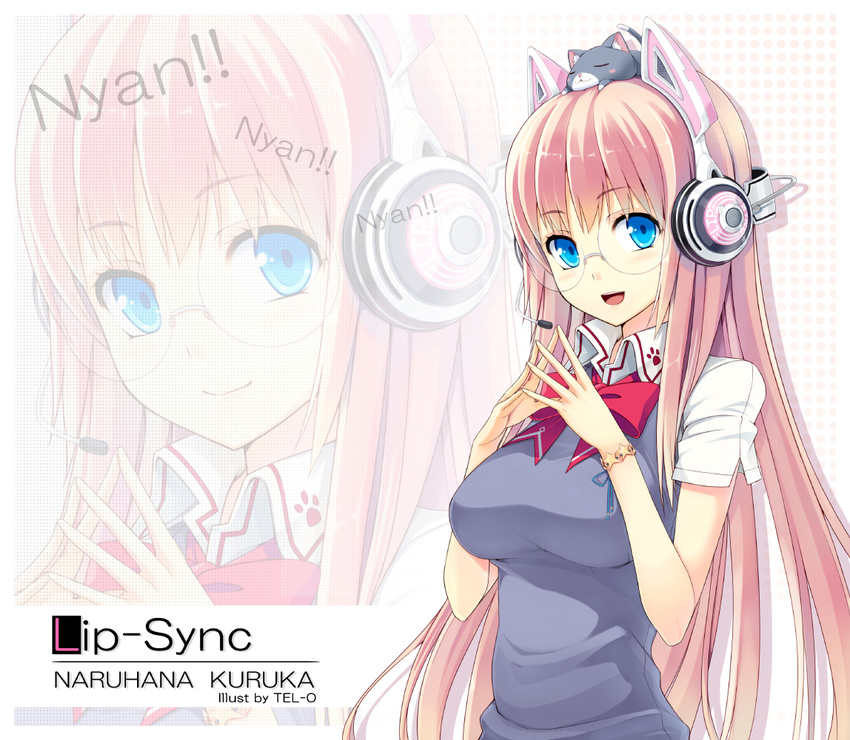 :d animal_ears blue_eyes blush bow bracelet breasts cat fake_animal_ears glasses hands_on_own_chest headphones headset jewelry large_breasts long_hair looking_at_viewer open_mouth original pink_hair smile solo tel-o vest zoom_layer