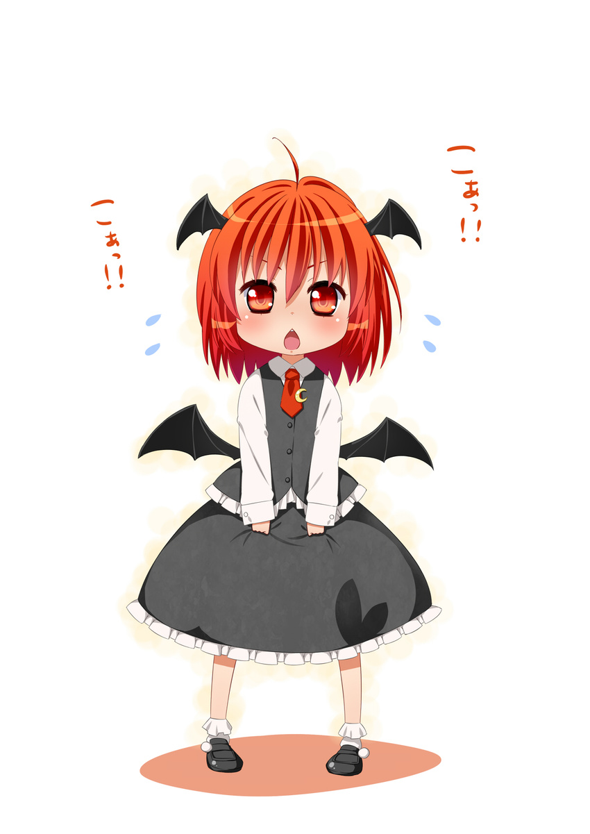 alternate_hairstyle bad_id bad_pixiv_id bat_wings blush chestnut_mouth crescent head_wings highres jigatei_(omijin) koa_(phrase) koakuma necktie red_eyes red_hair red_neckwear short_hair solo touhou vest wings