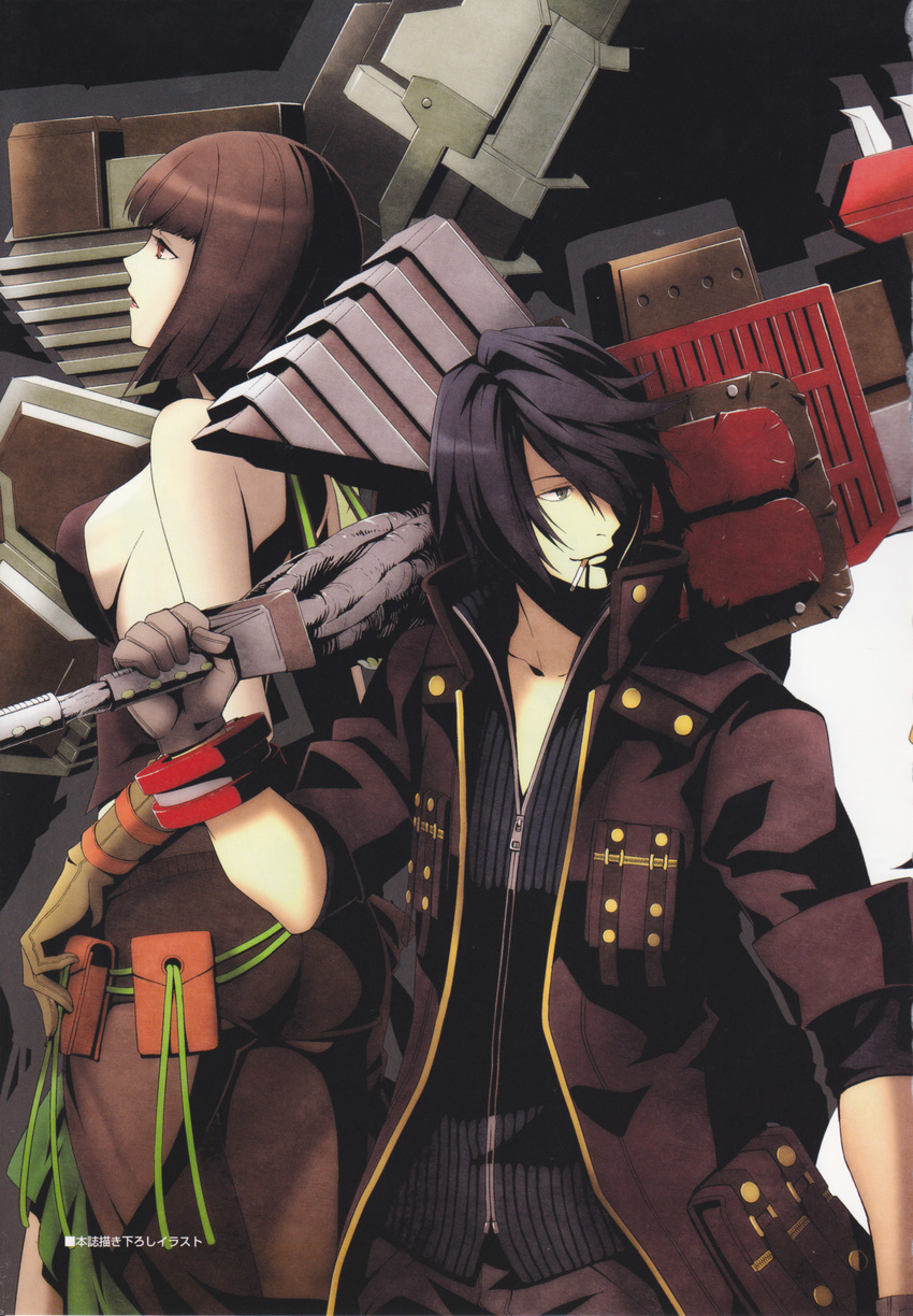 1girl absurdres amemiya_rindou artist_request black_eyes black_hair breasts cigarette gloves god_eater god_eater_burst highres medium_breasts official_art red_eyes sideboob tachibana_sakuya_(god_eater) weapon