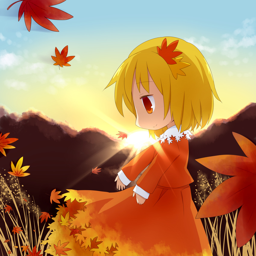 absurdres aki_shizuha autumn autumn_leaves blonde_hair brown_dress chibi dress hair_ornament highres leaf leaf_hair_ornament leaf_on_head red_eyes sky smile solo touhou yamabuki_(yusuraume)