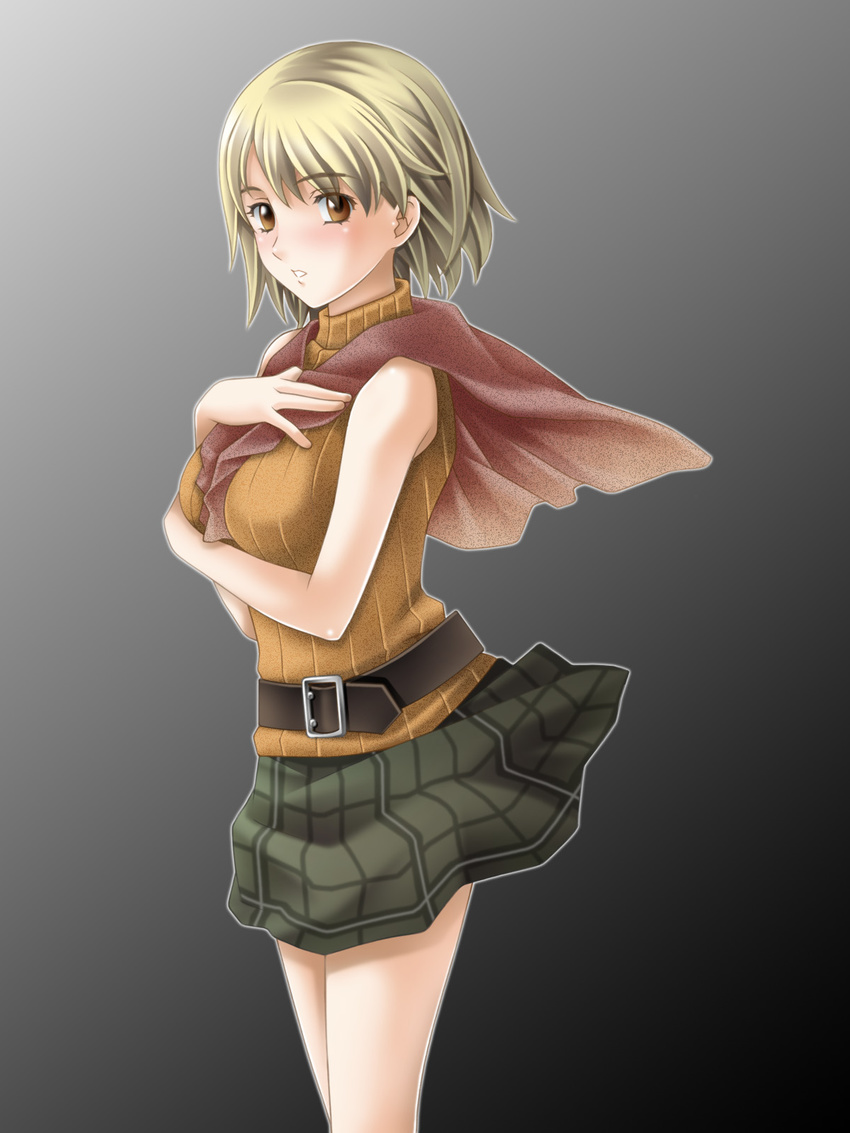 ashley_graham belt blonde_hair brown_eyes highres orange_shirt plaid plaid_skirt resident_evil resident_evil_4 shirt short_hair skirt sleeveless sleeveless_turtleneck solo tamamon turtleneck