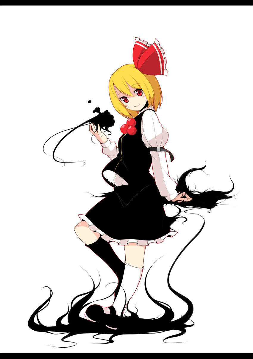 blonde_hair darkness hair_ribbon highres mary_janes meneru red_eyes ribbon rumia shoes short_hair smile solo touhou