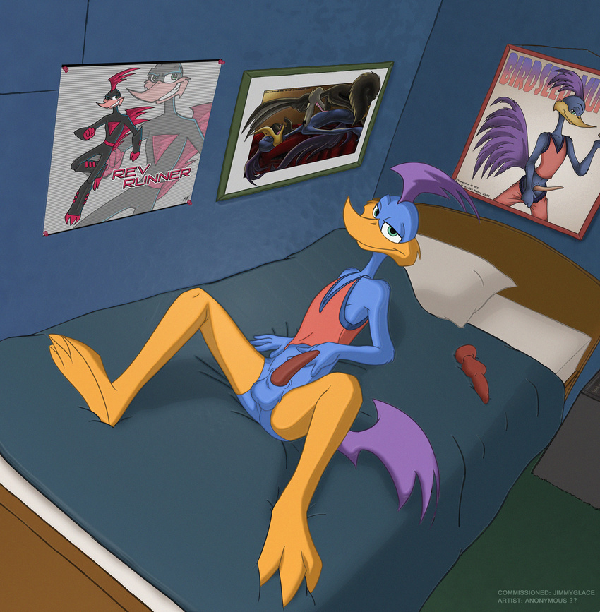 balls beak bed bird blue blue_eyes blue_feathers bulge dildo hi_res hindpaw invalid_tag jimmy_glace loonatics_unleashed male painting paws penis pillow rev_runner sex_toy solo tech unknown_artist