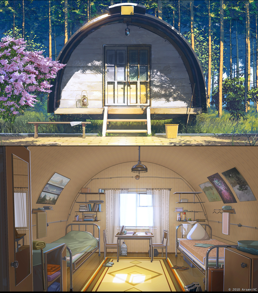 bed bedroom bench book carpet cherry_blossoms door everlasting_summer flower grass highres house lamp landscape lantern mirror no_humans original poster_(object) room scenery shade sunlight tree window