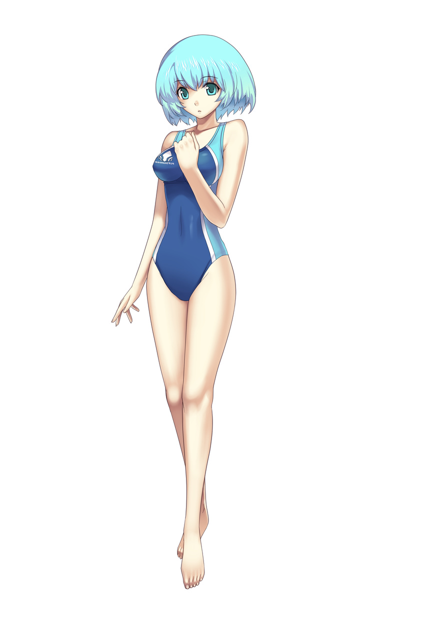 :o absurdres alternate_costume atelier_(series) barefoot blue_eyes blue_hair breasts competition_swimsuit cross_edge feet full_body highres hirano_katsuyuki impossible_clothes impossible_swimsuit legs mana_khemia_(series) mana_khemia_2 medium_breasts official_art one-piece_swimsuit open_mouth short_hair simple_background skin_tight solo standing swimsuit wuim_(mana_khemia)