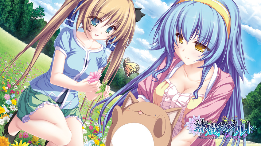 2girls animal flowers hiiragi_tsukino hisagihara_ui long_hair suzukaze_no_melt tenmaso