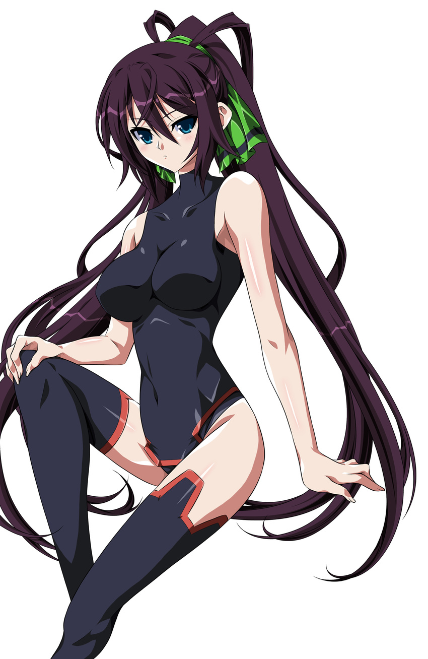 antenna_hair arm_support bangs bare_shoulders black_legwear blue_eyes blush breasts covered_navel from_side hair_between_eyes hair_ribbon halterneck high_ponytail highres impossible_clothes impossible_leotard infinite_stratos ka2 knee_up large_breasts leotard long_hair looking_at_viewer pelvic_curtain pilot_suit ponytail purple_hair ribbon shinonono_houki simple_background sitting skin_tight solo split_ponytail thighhighs turtleneck white_background