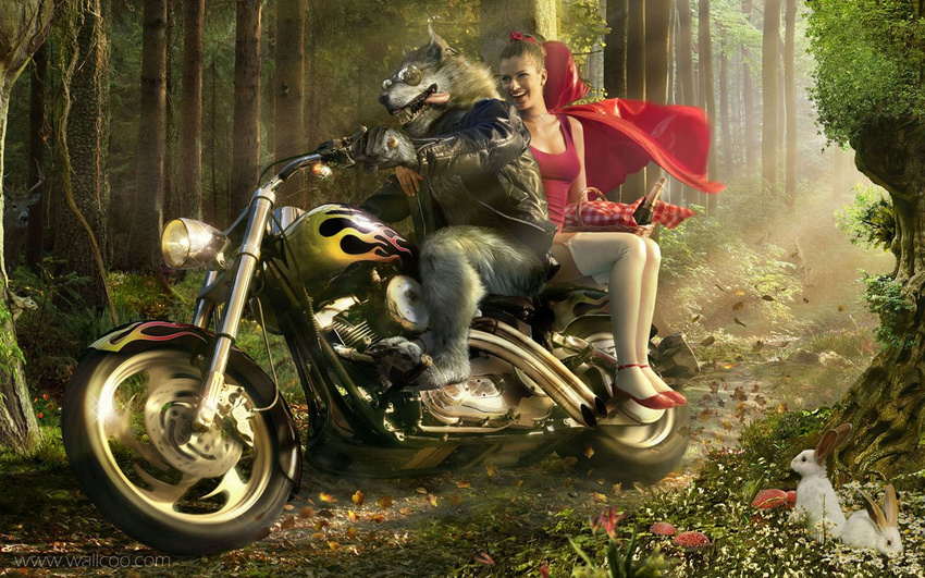 advertising anthro big_bad_wolf bottomless canine cape couple female forest human leather leather_jacket little_red_riding_hood male motorcycle photorealism shoes straight tree unknown_artist wolf