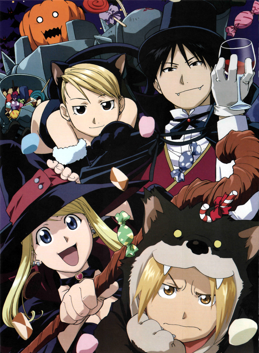 absurdres alphonse_elric animal_ears armor bare_shoulders black_eyes blonde_hair blue_eyes candy cape cat_ears cat_tail cosplay cup earrings edward_elric fullmetal_alchemist halloween hat highres jewelry lollipop long_hair looking_at_viewer open_mouth pose posing pumpkin riza_hawkeye roy_mustang short_hair smile standing tail winry_rockbell witch yellow_eyes