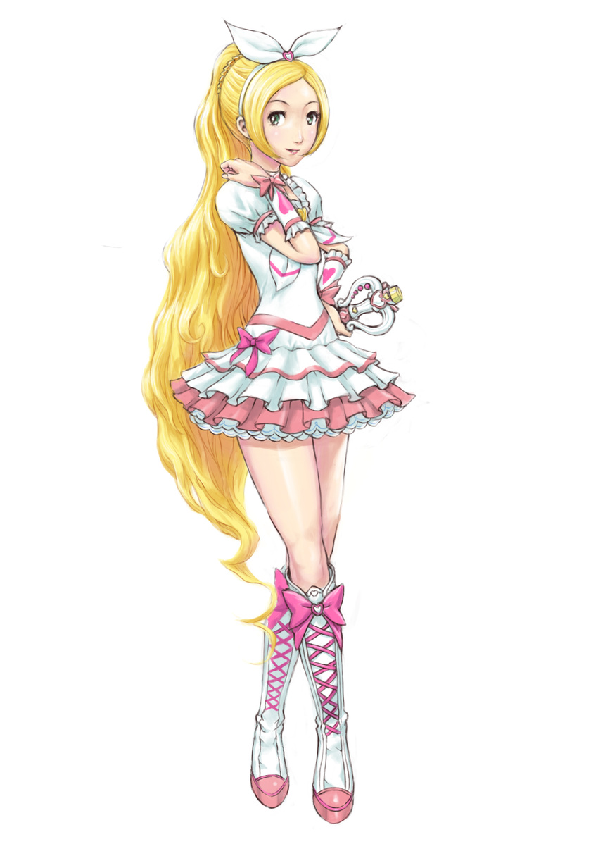 blonde_hair boots crossed_legs cure_rhythm fantastic_belltier green_eyes hairband highres knee_boots long_hair magical_girl minamino_kanade omae03 precure sitting skirt solo suite_precure very_long_hair wand