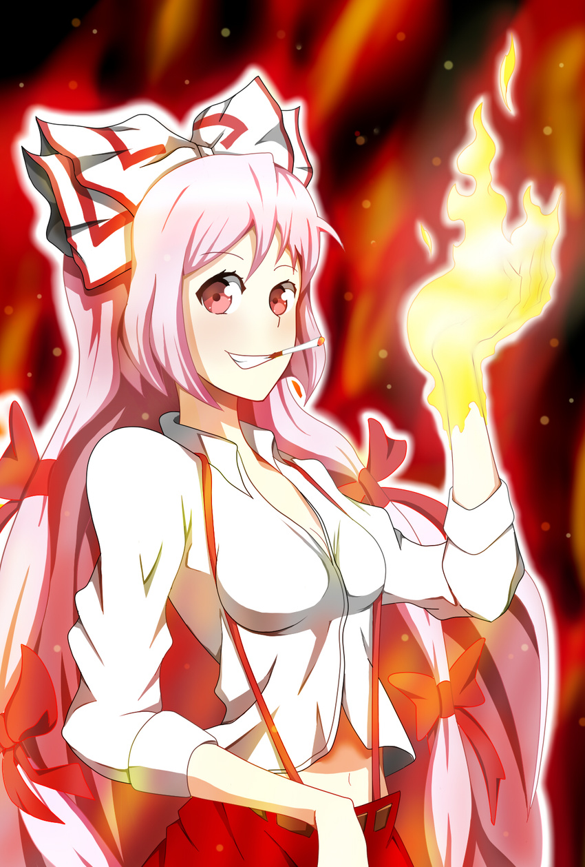 :d bad_id bad_pixiv_id black_background bow breasts cigarette cleavage fiery_background fire fujiwara_no_mokou grin hair_bow highres large_bow long_hair looking_at_viewer medium_breasts midriff navel open_mouth pants pink_hair red_eyes shirt smile smoking solo suspenders teeth touhou very_long_hair white_hair white_shirt zeroshiki_kouichi