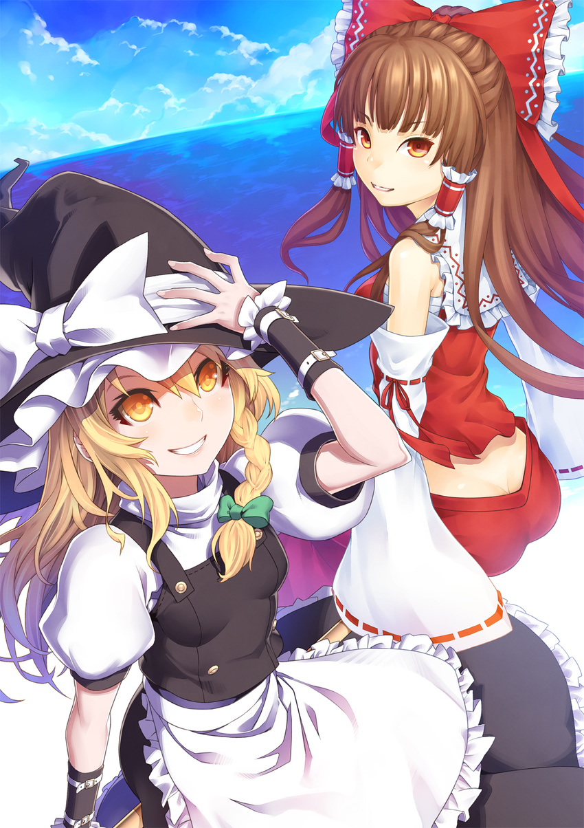 blonde_hair bow braid brown_hair butt_crack detached_sleeves hair_bow hair_tubes hakurei_reimu hand_on_headwear highres kirisame_marisa kunieda long_hair looking_at_viewer multiple_girls ocean sitting touhou tsurime wrist_cuffs yellow_eyes