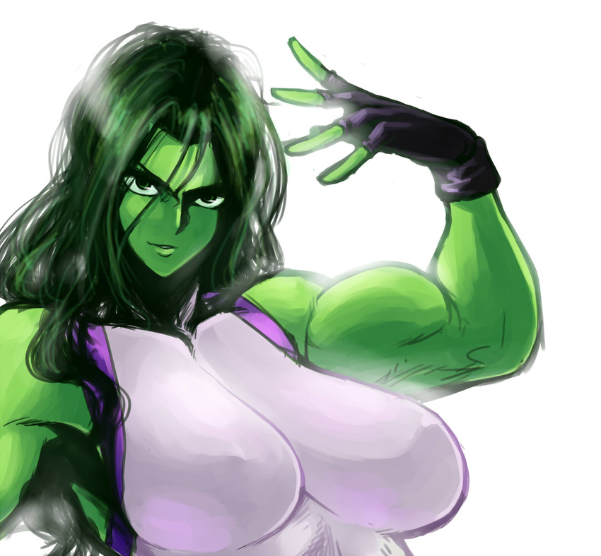 breasts face fingerless_gloves gloves green_hair green_skin jennifer_walters large_breasts long_hair marvel marvel_vs._capcom marvel_vs._capcom_3 muscle muscular_female she-hulk simple_background solo space_jin white_background