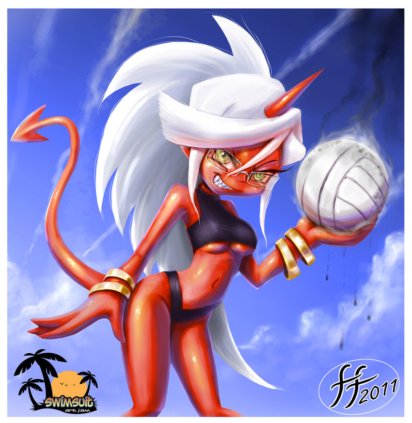 14-bis eyewear female fernando_faria glasses hair kneesocks kneesocks_daemon panty_and_stocking_with_garterbelt red_skin solo volleyball white_hair