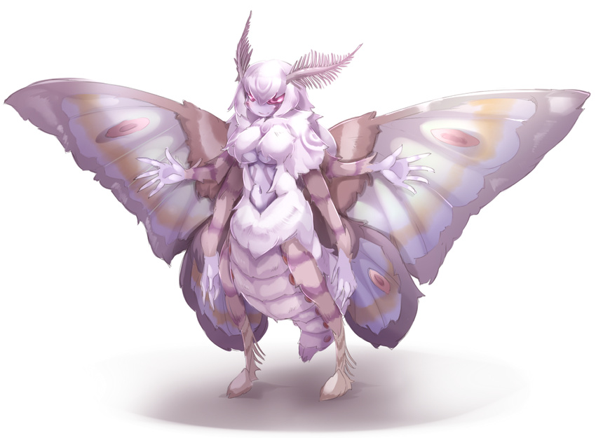 antennae breasts frfr full_body insect_girl medium_breasts mon-musu_quest! mon-musu_quest:_cecil's_adventure monster_girl moth_girl original red_eyes satania_(mon-musu_quest!) shadow smile solo standing white_hair wings