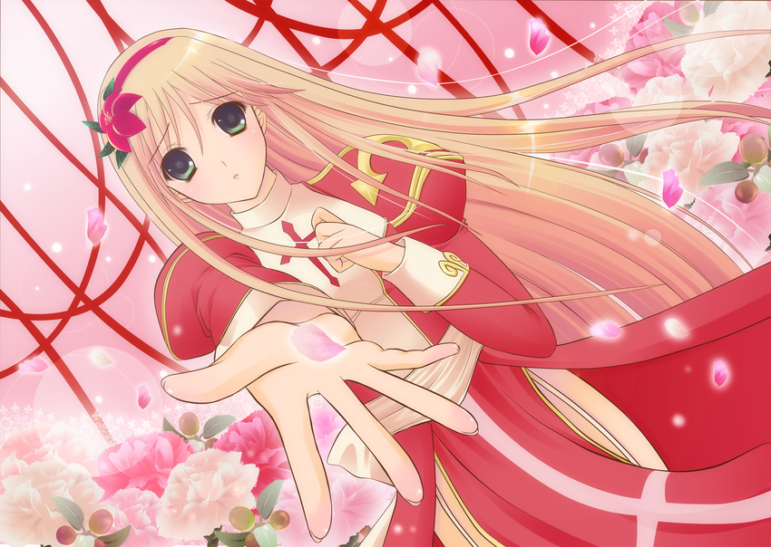 blonde_hair cross dress flower green_eyes hair_flower hair_ornament high_priest highres long_hair outstretched_hand petals pink_flower pink_rose ragnarok_online rose sad solo wakaba0801 white_flower white_rose