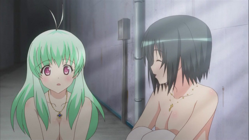 2girls blush breasts cap green_hair kirisaki_kyouko long_hair motto_toloveru naked nude run_elsie_jewelria sexy short_hair smile toloveru