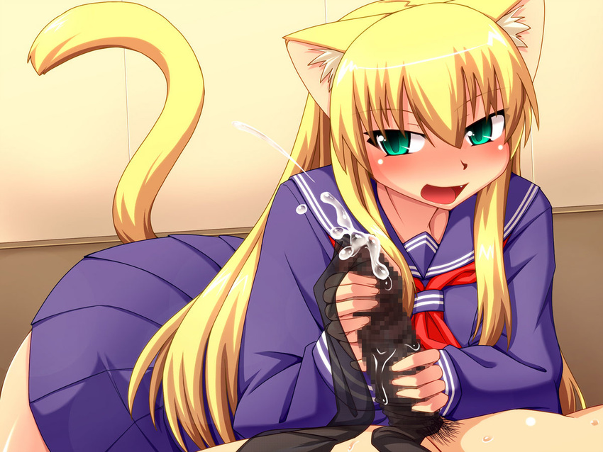 artist_request blonde_hair blush censored character_request cum ejaculation fang green_eyes hand_job handjob nokoppa pantyhose pantyhose_job panyhose penis penis_in_pantyhose smile source_request stocking_job tail