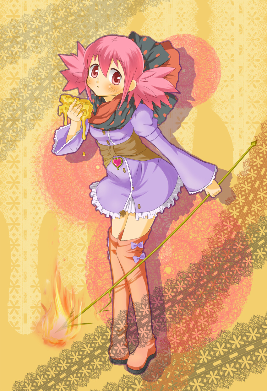 akiduhaniwa bad_id bad_pixiv_id boots charlotte_(madoka_magica) cheese fire food heart highres mahou_shoujo_madoka_magica personification pink_eyes pink_hair polearm solo spear thigh_boots thighhighs weapon