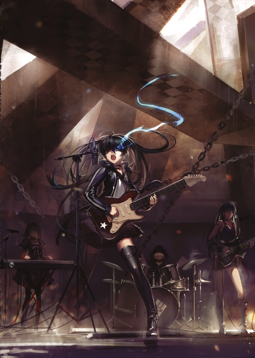 absurdres alphonse_(white_datura) bass_guitar black_gold_saw black_hair black_rock_shooter black_rock_shooter_(character) blue_eyes boots burning_eye cable chain dead_master dress drum drum_set frilled_skirt frills guitar highres hood hooded_jacket hoodie instrument jacket keyboard_(instrument) long_hair microphone microphone_stand multiple_girls music necktie open_mouth pantyhose silver_hair singing skirt star strength_(black_rock_shooter) thigh_boots thighhighs twintails very_long_hair zettai_ryouiki