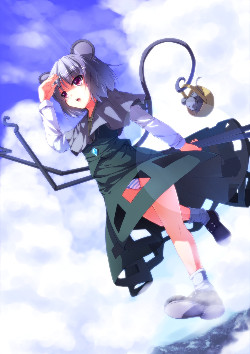 absurdres animal_ears basket capelet covering_eyes day dowsing_rod flying grey_hair highres jewelry lens_flare light_rays looking_afar mouse mouse_ears mouse_tail nazrin panties pantyshot pendant red_eyes ryosios shading_eyes short_hair sky solo striped striped_panties sunbeam sunlight tail touhou underwear walking