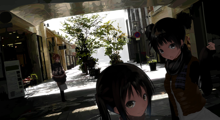 bag black_hair brown_eyes brown_hair chef_no_kimagure_salad dutch_angle highres hirasawa_ui k-on! lamppost long_hair looking_back multiple_girls nakano_azusa plant ponytail potted_plant road road_sign scenery shade short_hair short_twintails sign street sunlight suzuki_jun tree twintails vanishing_point winter_clothes