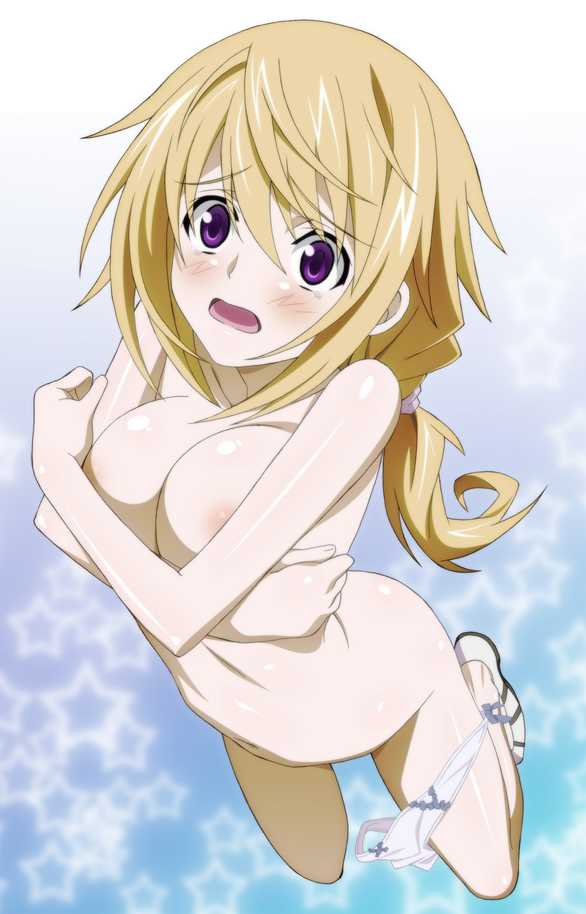 blonde_hair blush breasts charlotte_dunois covering covering_breasts highres infinite_stratos kekke panties purple_eyes tears underwear