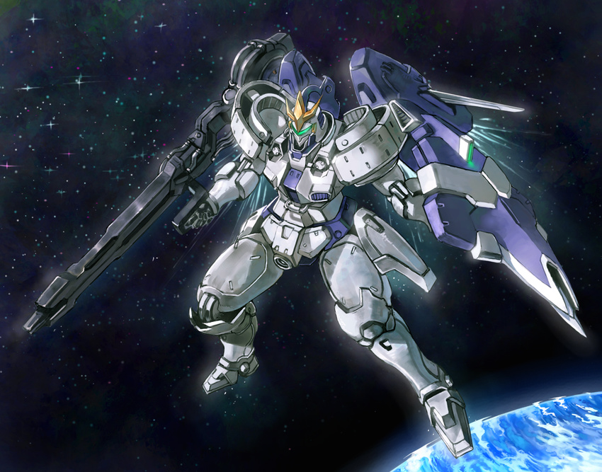 earth energy_gun gun gundam gundam_wing_endless_waltz mecha no_humans shield solo space tallgeese_iii touge_(kubiwa_tsuki) weapon