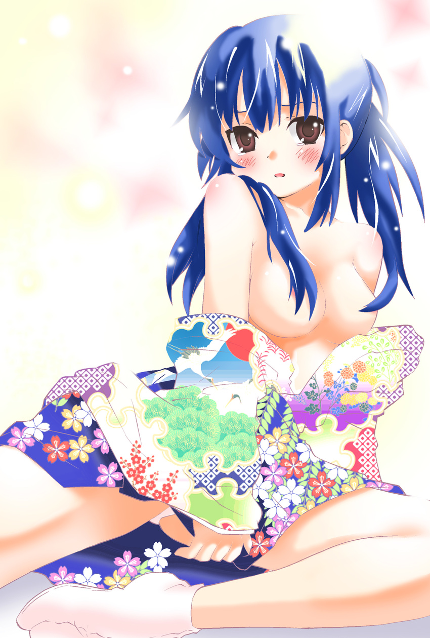 absurdres akira_(umihan) areolae bare_shoulders blue_hair brown_eyes covering covering_breasts highres japanese_clothes k-on! kimono long_hair nakano_azusa solo