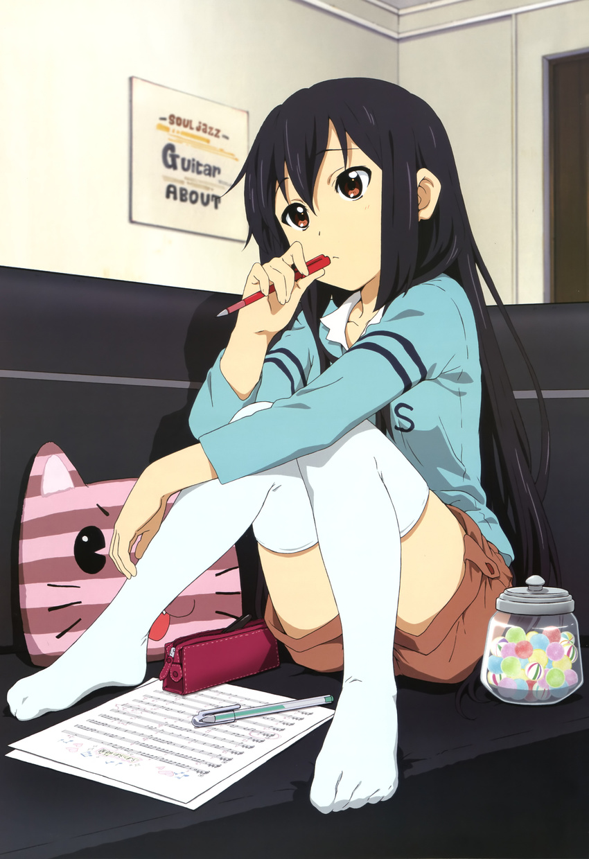 :&lt; absurdres akitake_seiichi alternate_hairstyle beamed_eighth_notes black_hair casual eighth_note eighth_rest feet hair_down half_rest hands highres jar k-on! long_hair mechanical_pencil musical_note nakano_azusa natural_sign no_shoes non-web_source nyantype official_art pen pencil pencil_case quarter_note quarter_rest red_eyes sharp_sign sheet_music shorts sitting solo thighhighs treble_clef white_legwear whole_note whole_rest