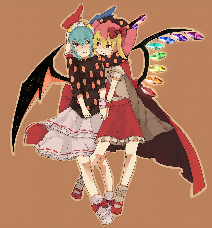 :q alternate_costume bad_id bad_pixiv_id bat_wings blonde_hair blue_hair bobby_socks charlotte_(madoka_magica) charlotte_(madoka_magica)_(cosplay) cosplay crossover flandre_scarlet highres holding_hands licking_lips mahou_shoujo_madoka_magica mary_janes multiple_girls no_hat no_headwear polka_dot red_eyes remilia_scarlet shoes short_hair side_ponytail simple_background socks tongue tongue_out touhou wings yomosaka