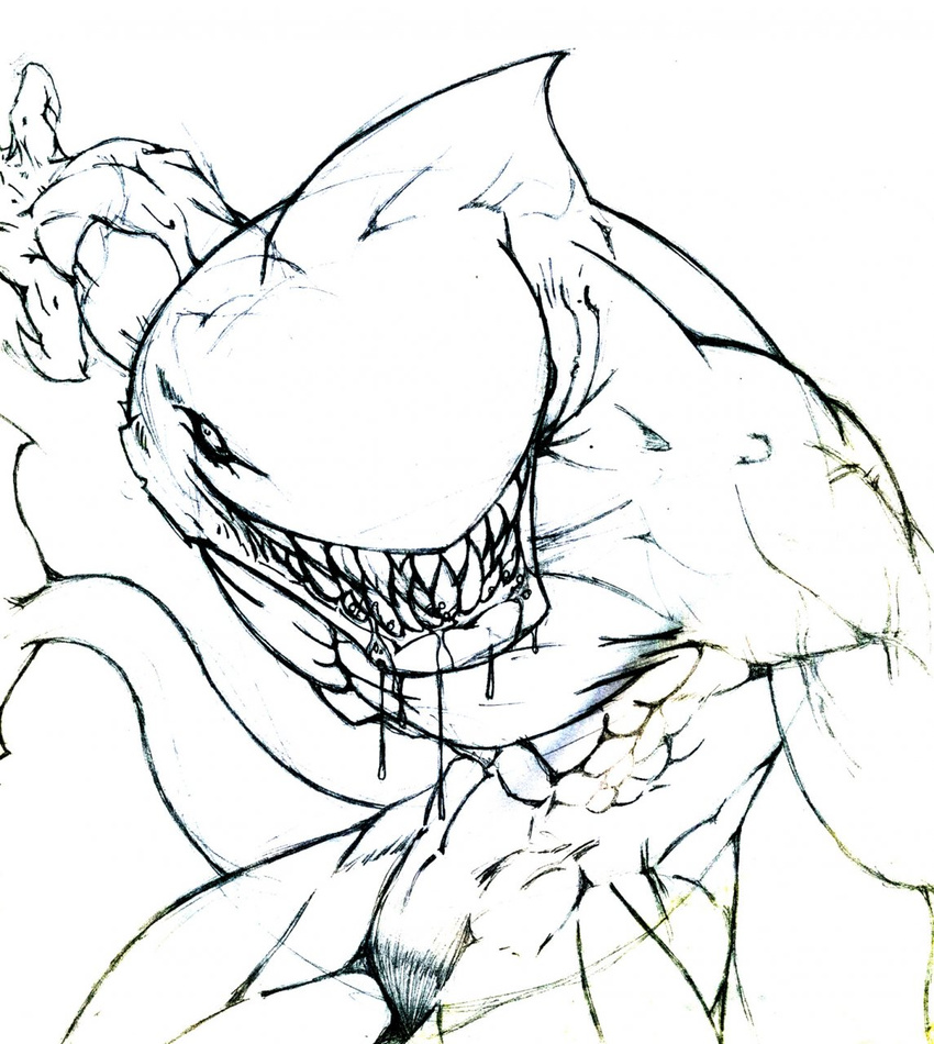 claws dorsal_fin drool fangs fins gills grin jjorona looking_at_viewer male marine muscles nude saliva scalie shark sketch solo standing tail