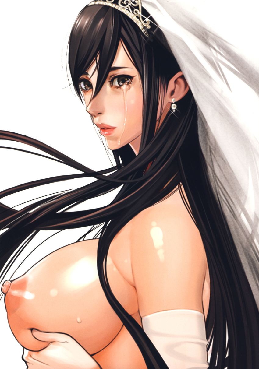 bare_shoulders blush breasts bridal_veil bride copyright_request elbow_gloves gloves highres inkey jewelry large_breasts long_hair nipples no_bra solo tears veil